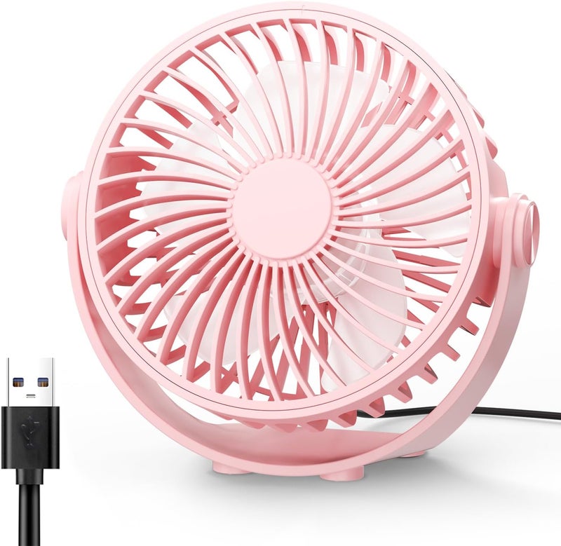 Edvision USB Desk Fan, 5 Inch Mini Portable, 3 Speeds Strong Airflow Personal Desktop, Detachable Cooling Fan 360° Rotation Quiet Small Fan for Desk Home Office Travel Car, Pink, 5ft Cable - Image 1